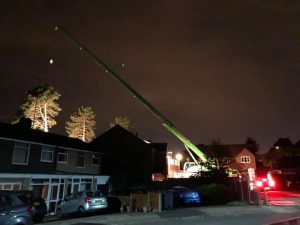 night removal. green crane working on an evening