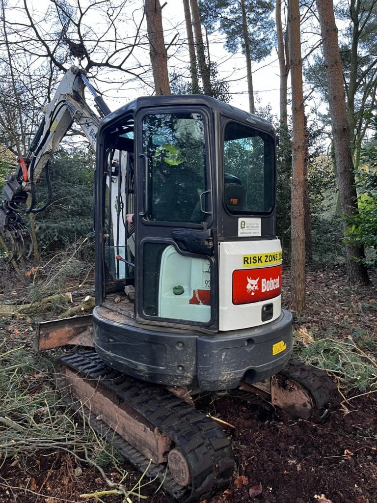 tree removal in progress with excavator during woodland management